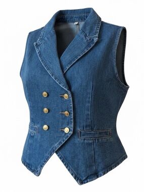 Denim Double-Breasted Vest with Gold Buttons